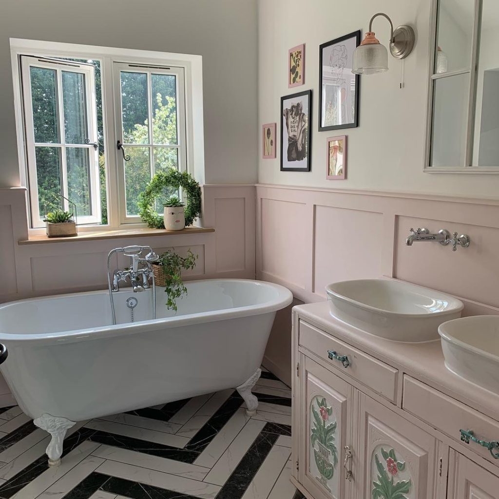 bathroom with pink walls in shabby chic style Bathroom Lighting Ideas