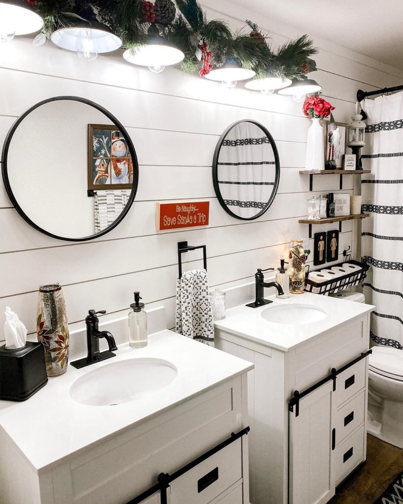 White farmhouse bathroom with shiplap Bathroom Lighting Ideas