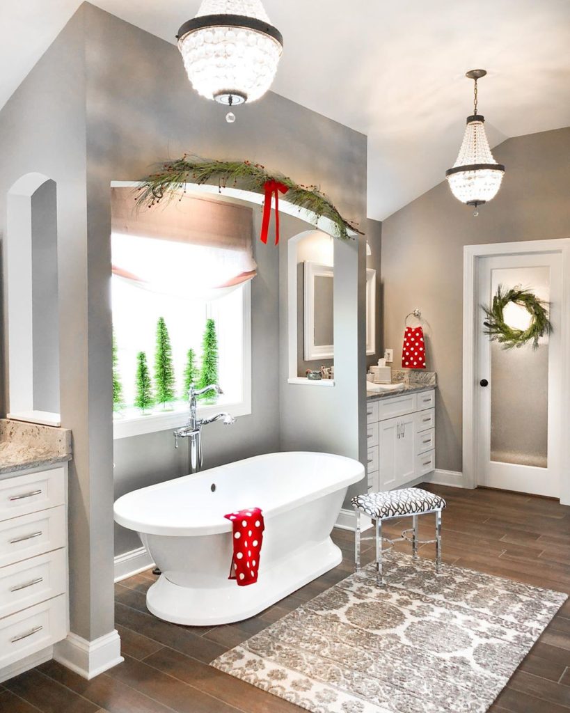 large bathroom with two chandeliers decorated for Christmas Bathroom Lighting Ideas