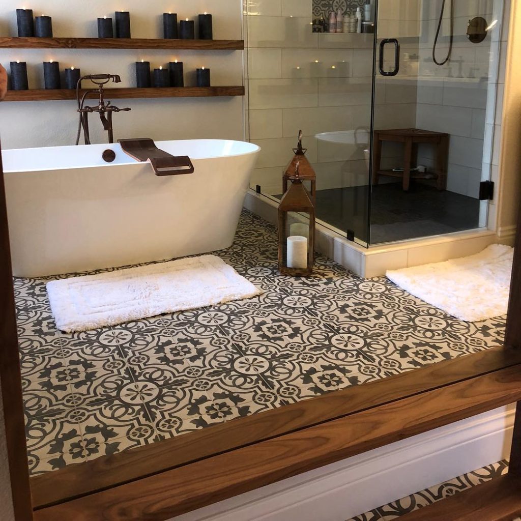 country style bathroom with patterned mosaic floor