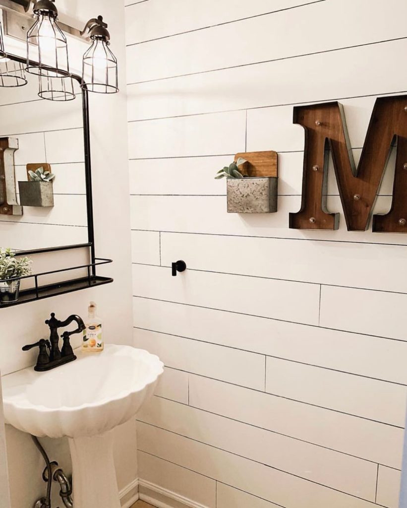 farmhouse bathroom with shiplap tile wall