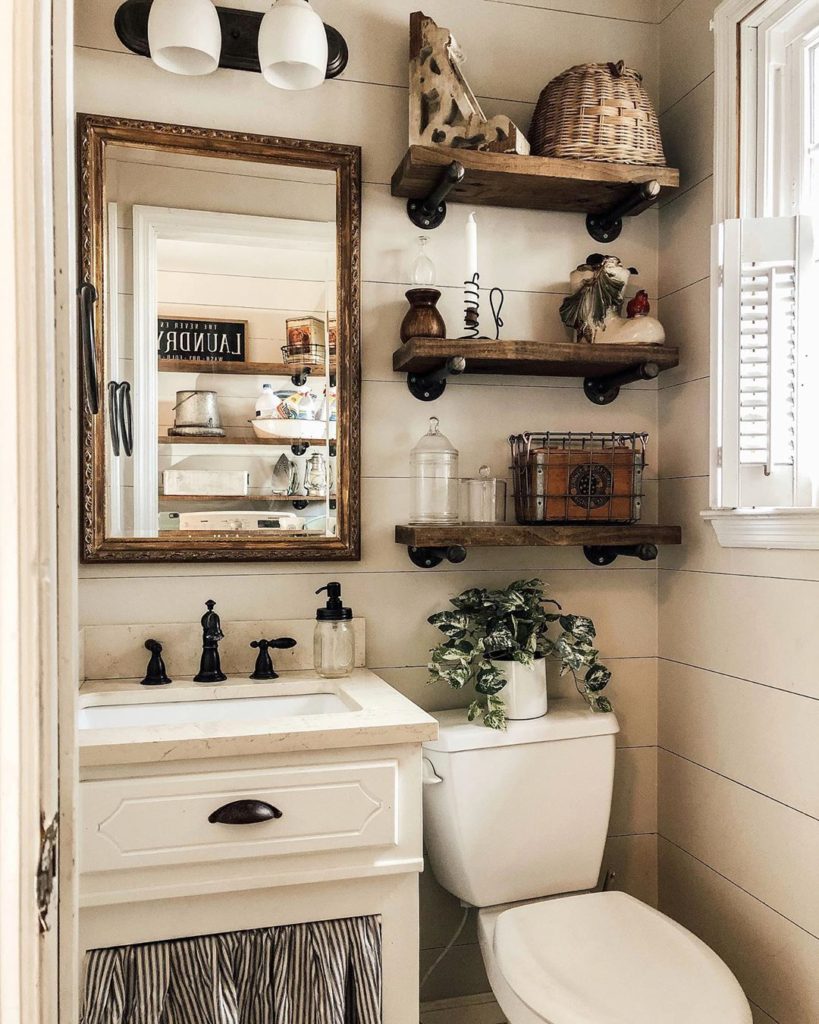 rustic guest bathroom idea with floating shelves