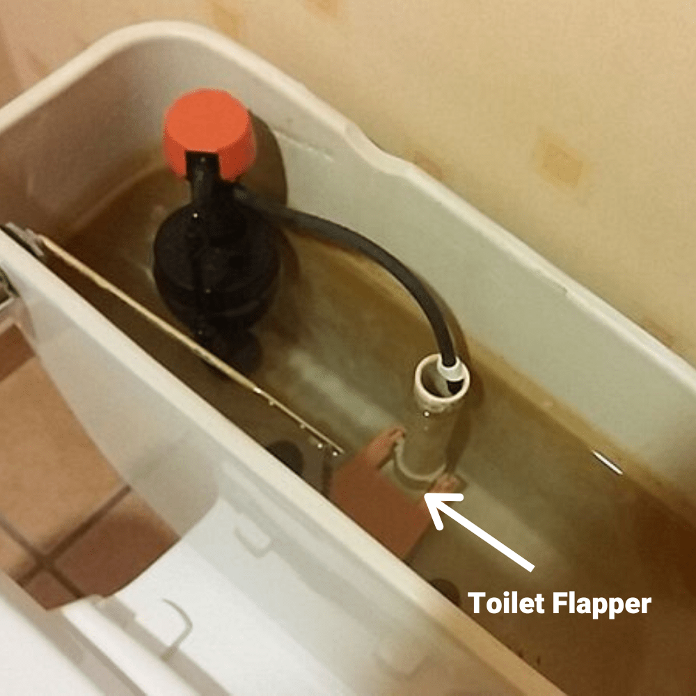 Inside of toilet tank with flapper exposed