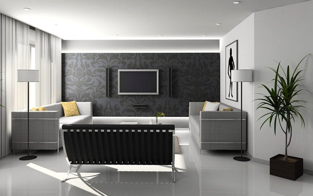 Modern leaving room with wall paper and couch