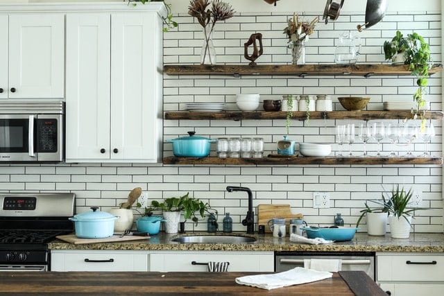 Budget farmhouse kitchen with rustic shelves