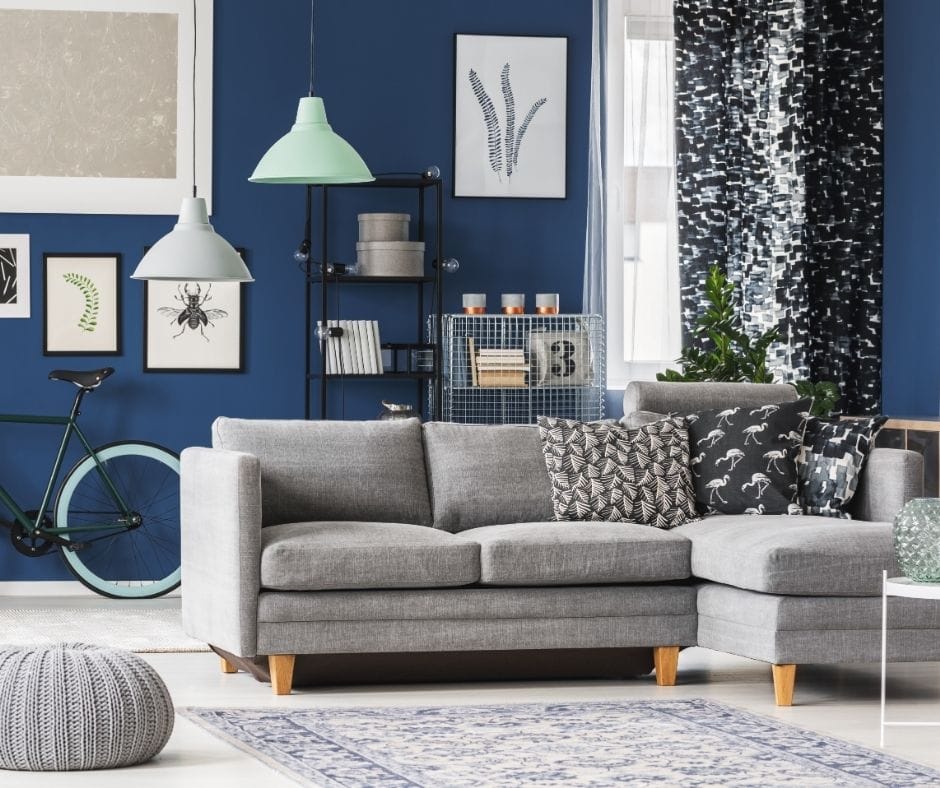 blue rug under gray couch