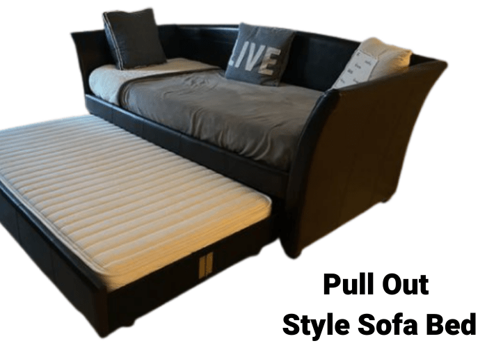 Pull out style sofa bed being reviewed for best sofa bed for studio apartments