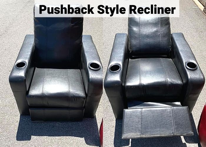 pushback style recliner being tested in reclined and straight up position