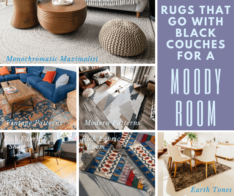 Photo collage of rugs that go with  black couches for a moody room