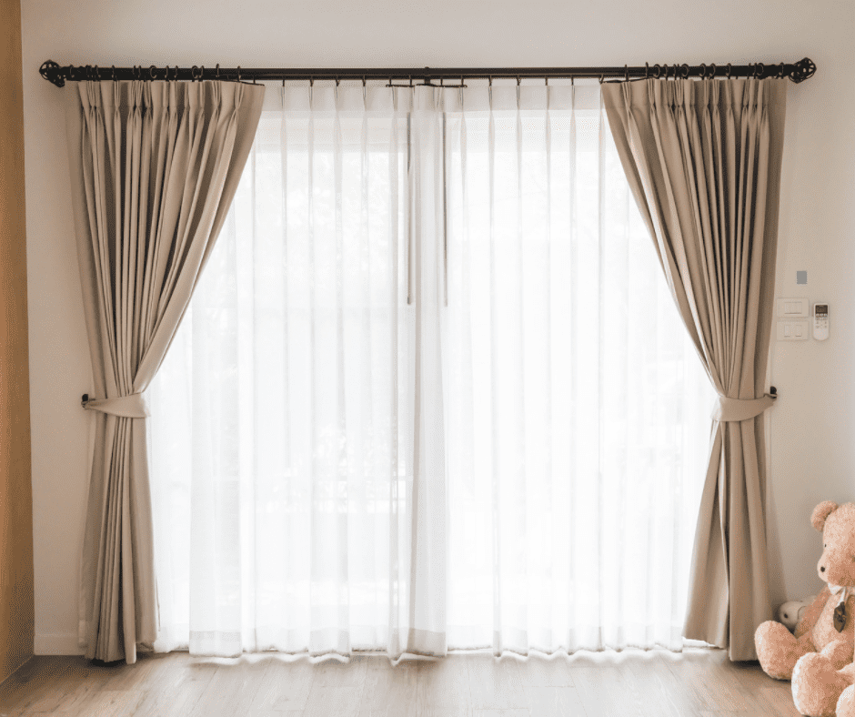 Curtains covering sliding glass doors