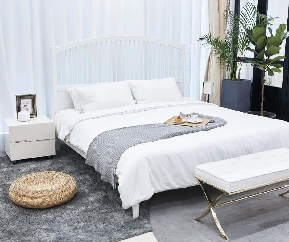 a white bed standing in a bedroom with a plant and grey rug