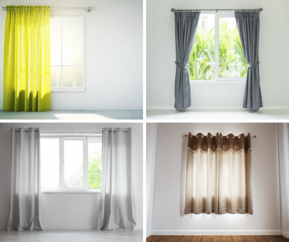 Photo collage of 4 windows with curtains on white wall