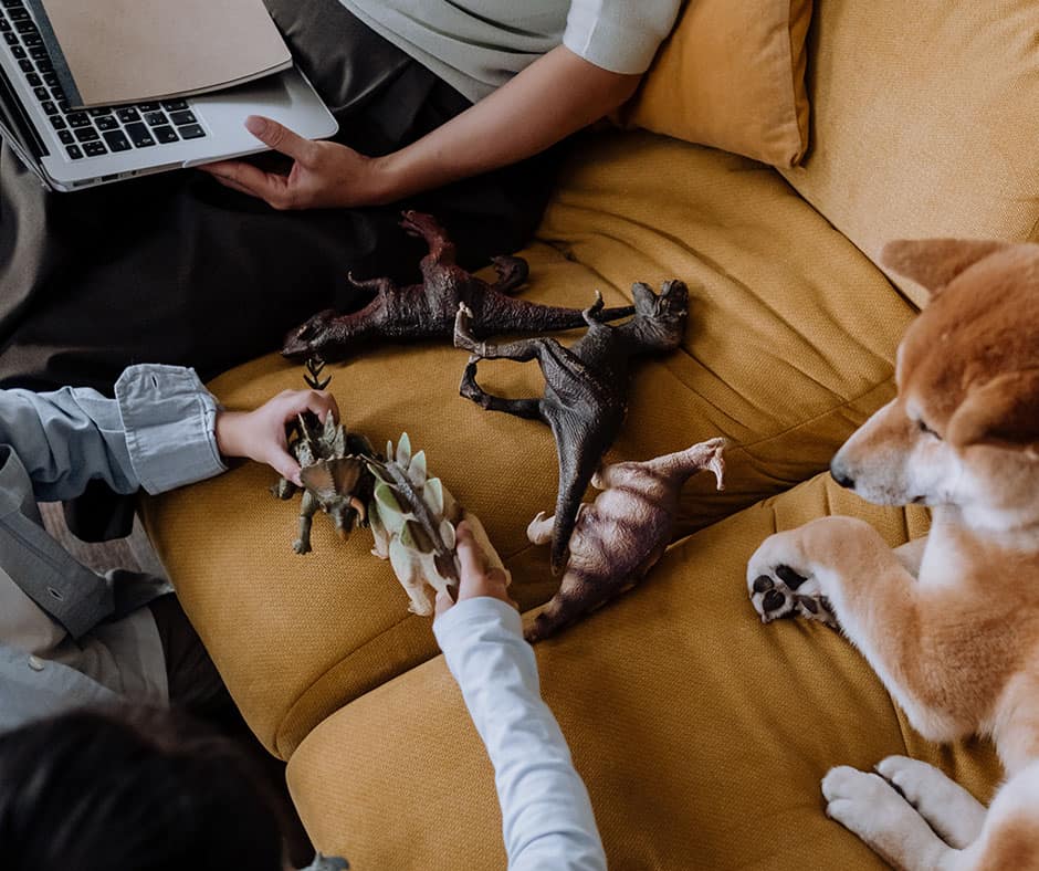 Family with dog on sofa