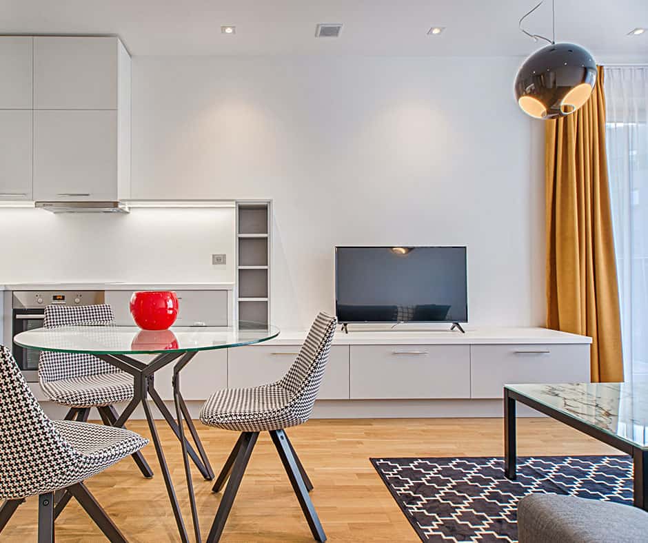 Kitchen and living room with matching flooring