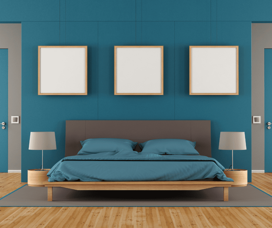 Brown bed with blue wall