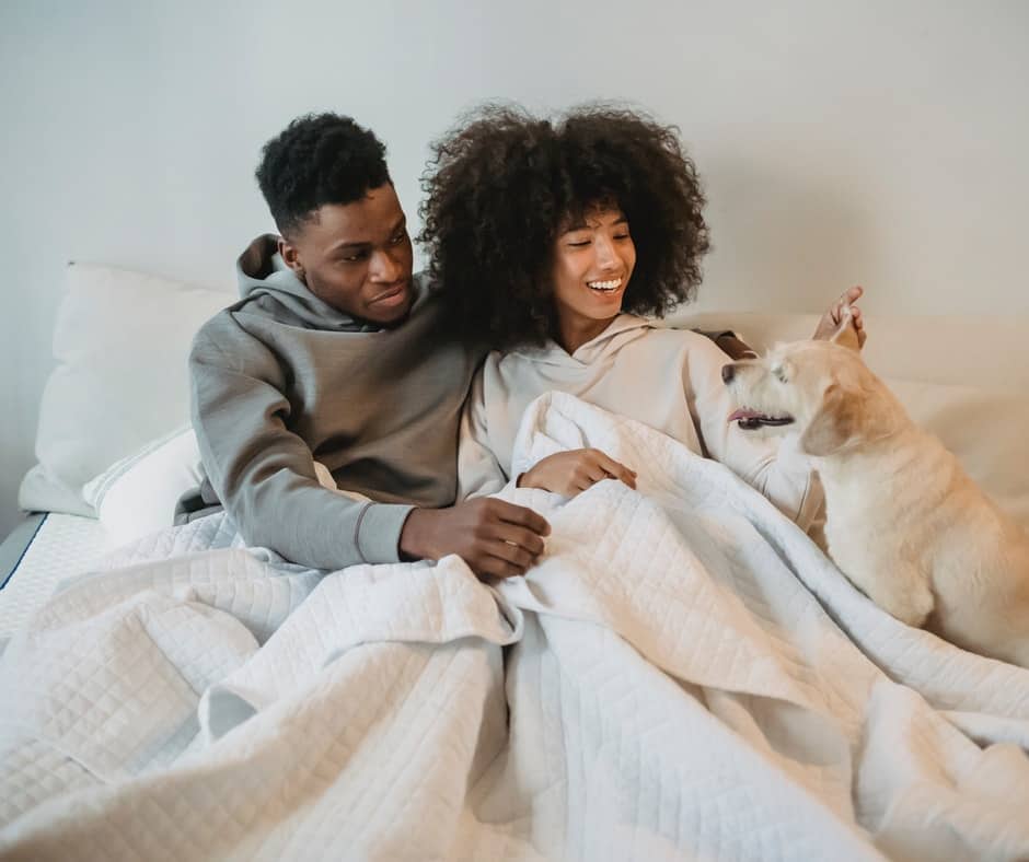 A couple in bed with a pet dog