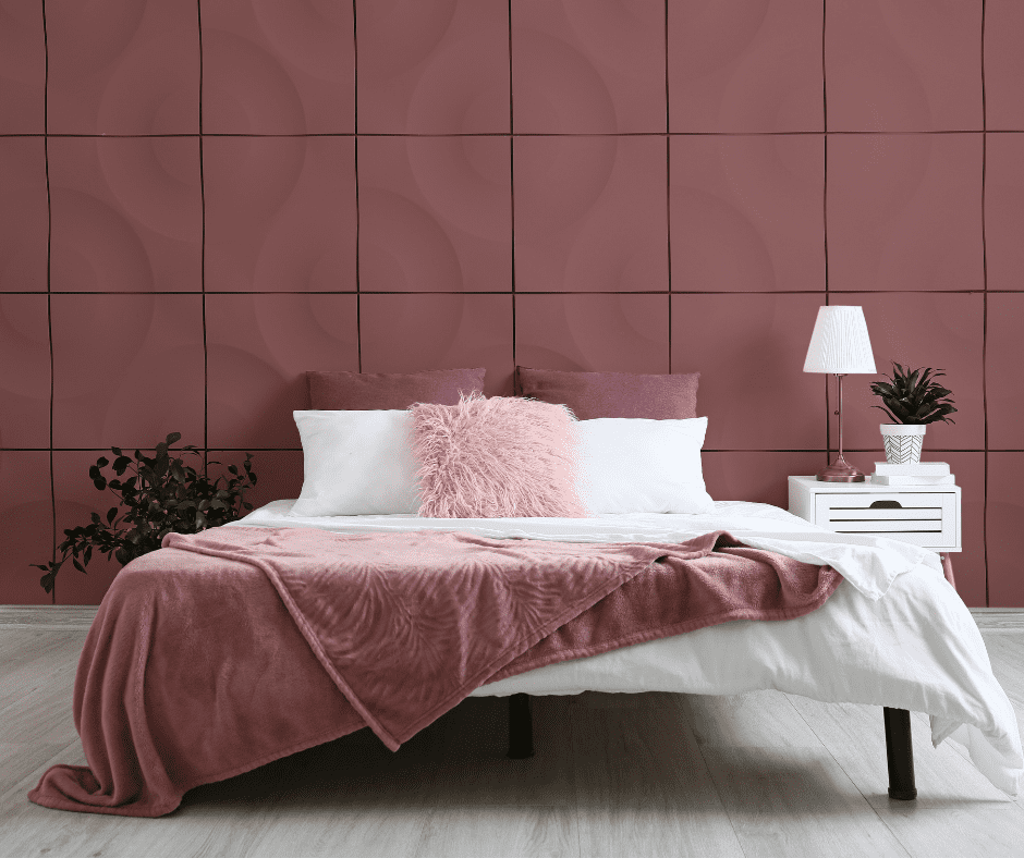 Black and white bedroom with mauve wall