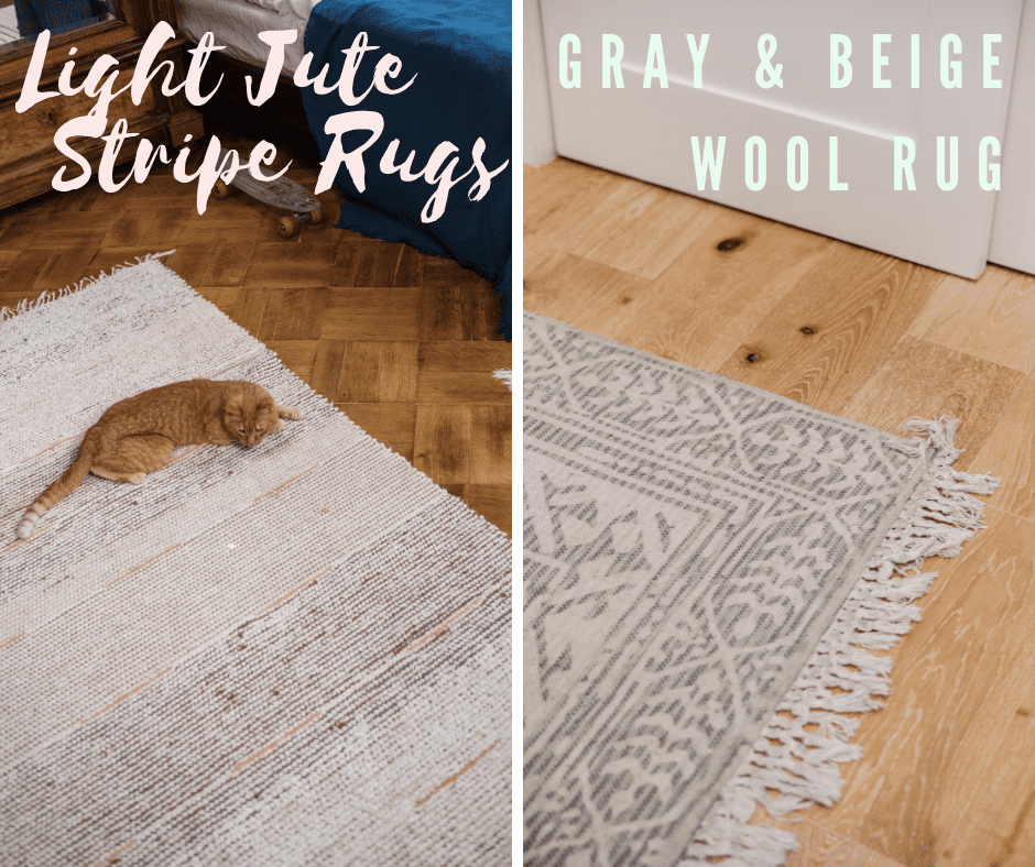 Comparison between a light jute stripe rug and a gray & beige wool rug