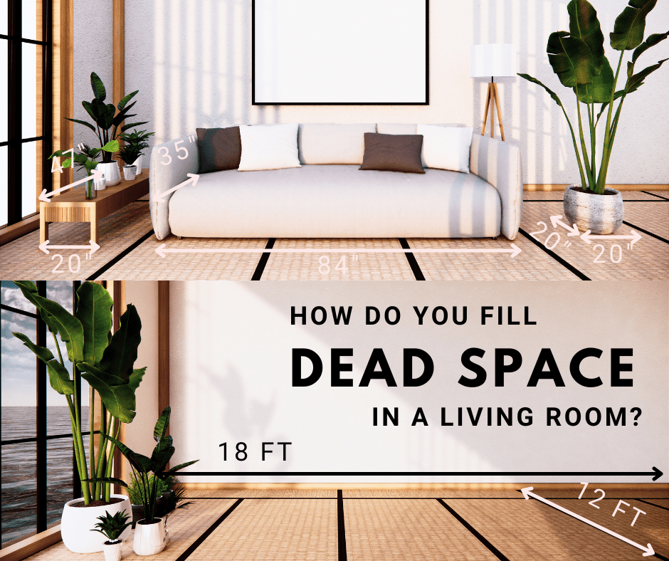 A split image with one showing the dimensions of an empty living room and the other showing measurements of furniture and other items if these were added