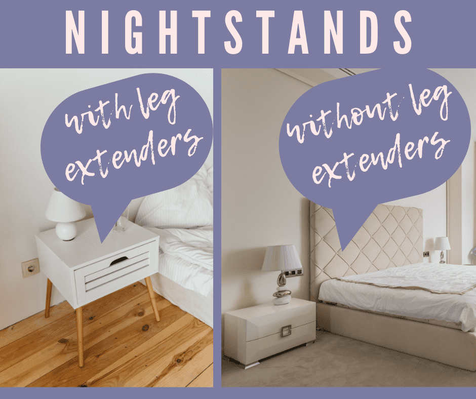 A comparison of what a nightstand would look like with and without extenders