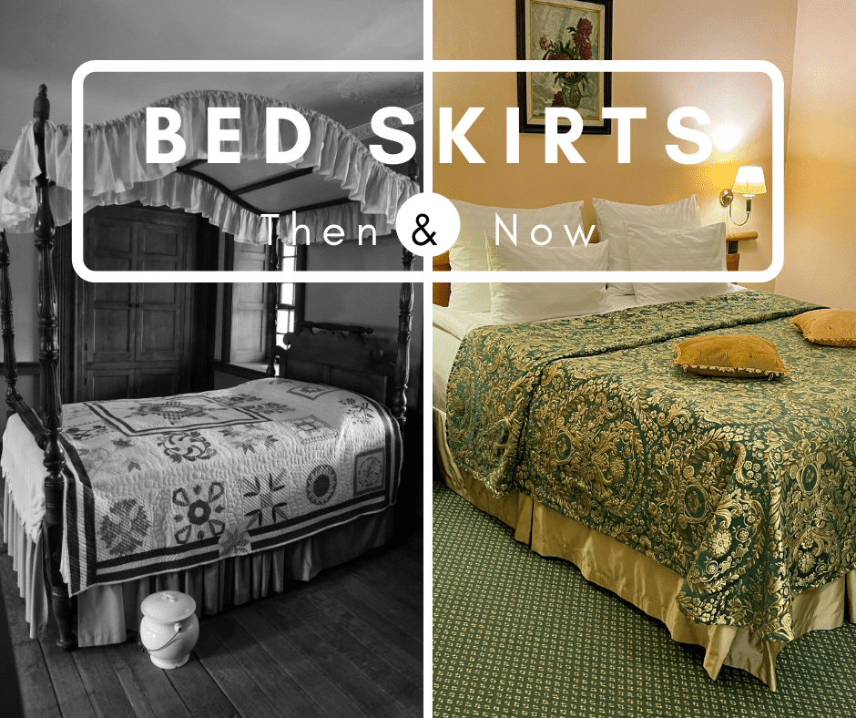 A comparison of what a bed skirt from ancient times look like vs. modern bed skirts.