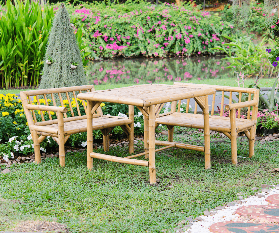 A complete bamboo furniture set placed outdoors