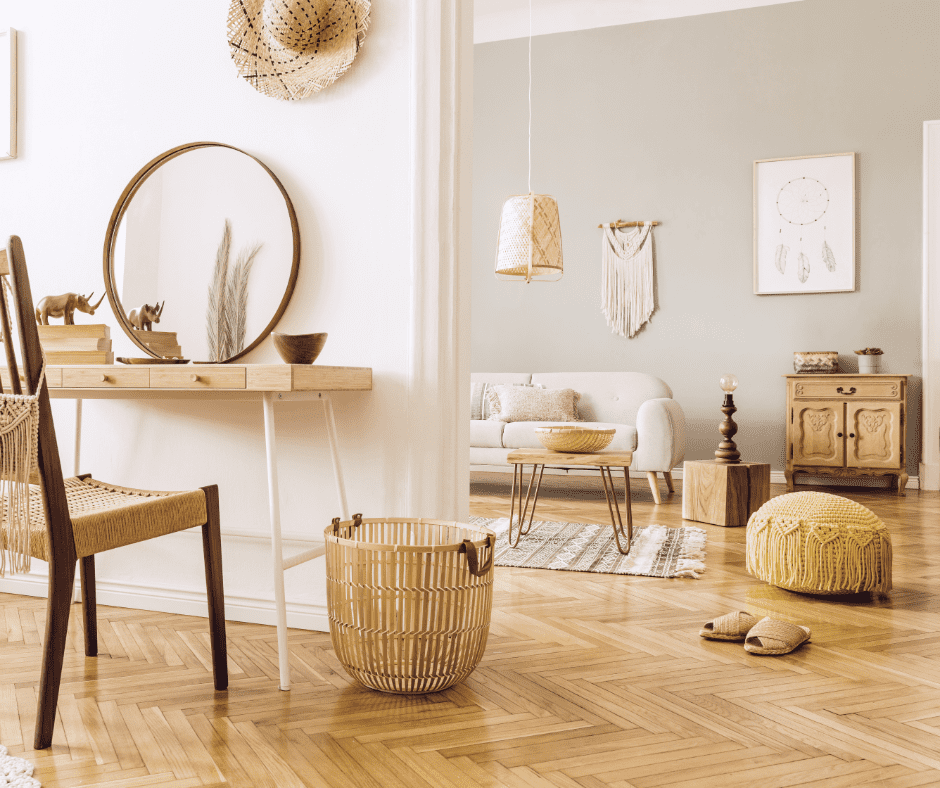 Bohemian rug on light wood floor