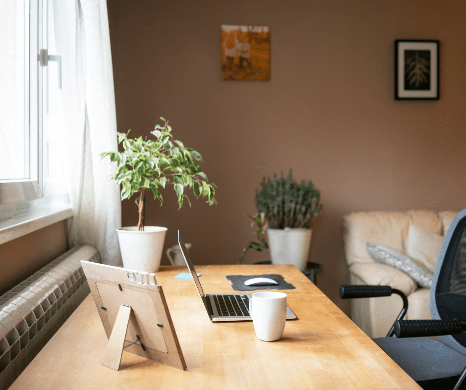 A home office beside the living room