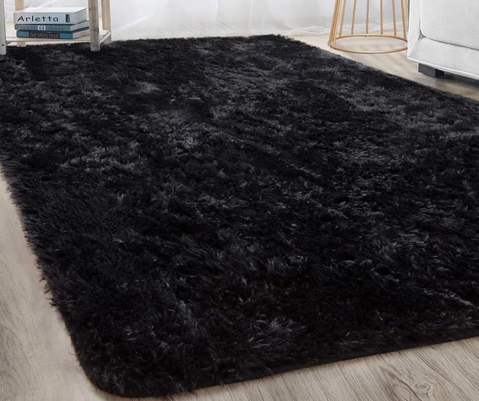 Living room with a deep black shag rug