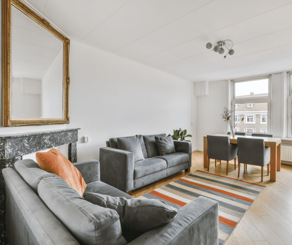 Two identical sofas in a living room with a nice layout