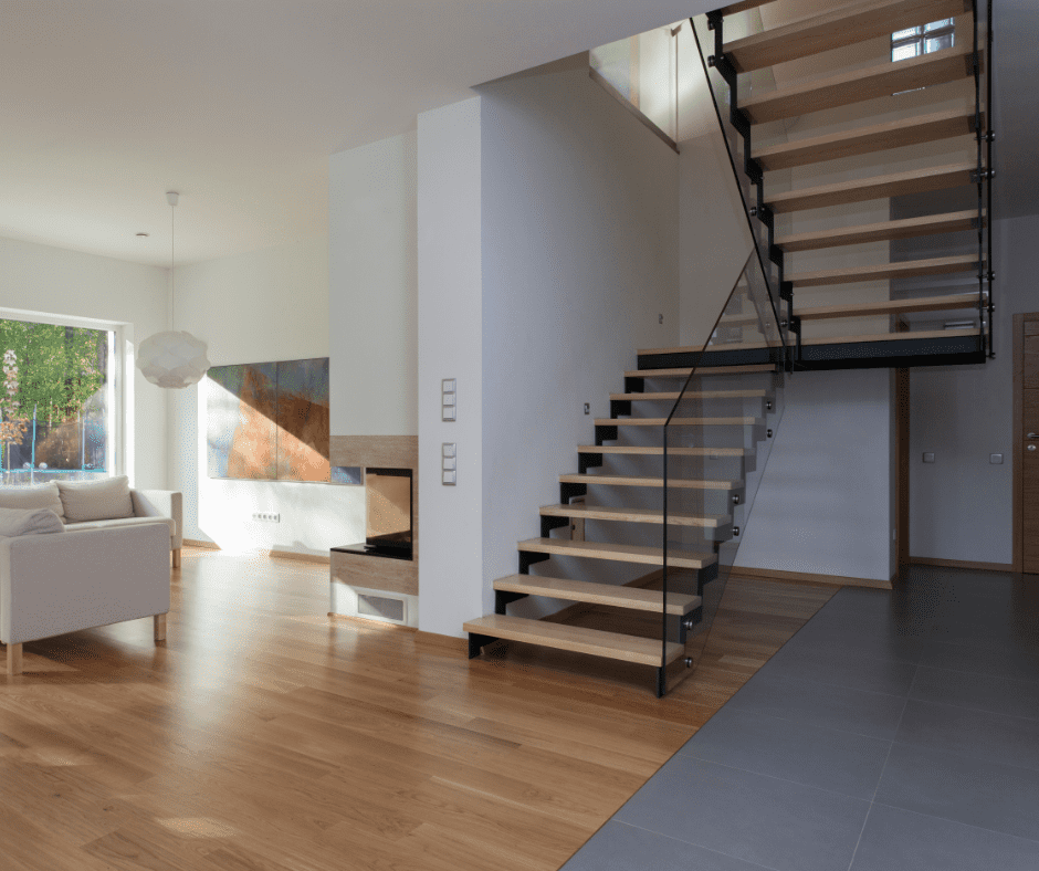 A modern living room with stairs