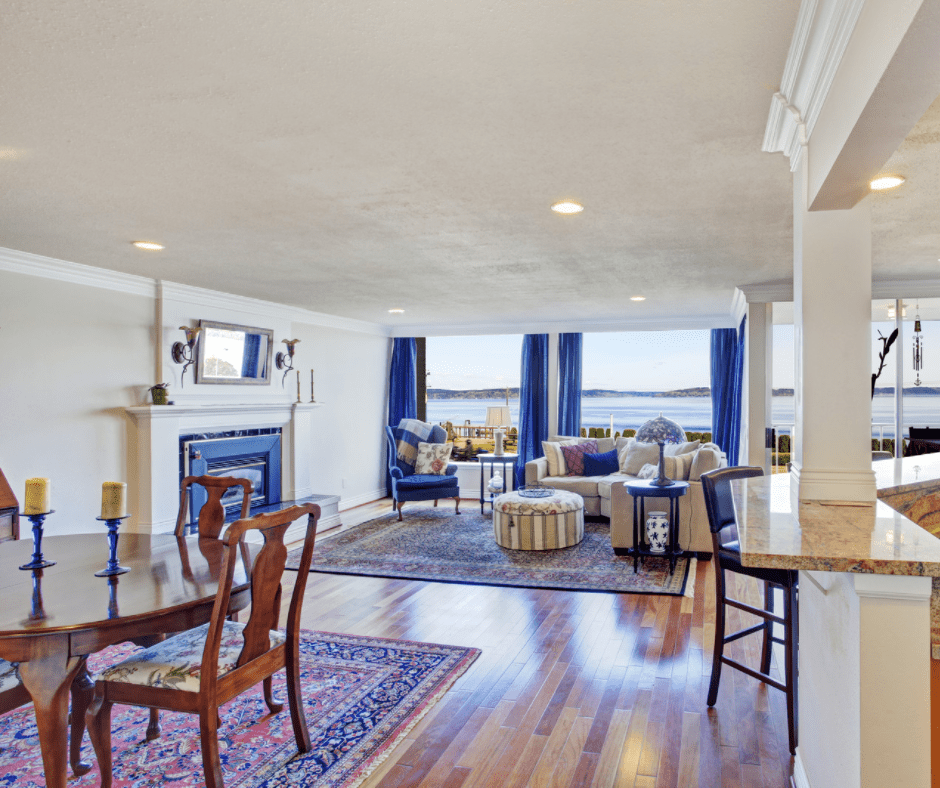 Matching rugs in the living and dining area