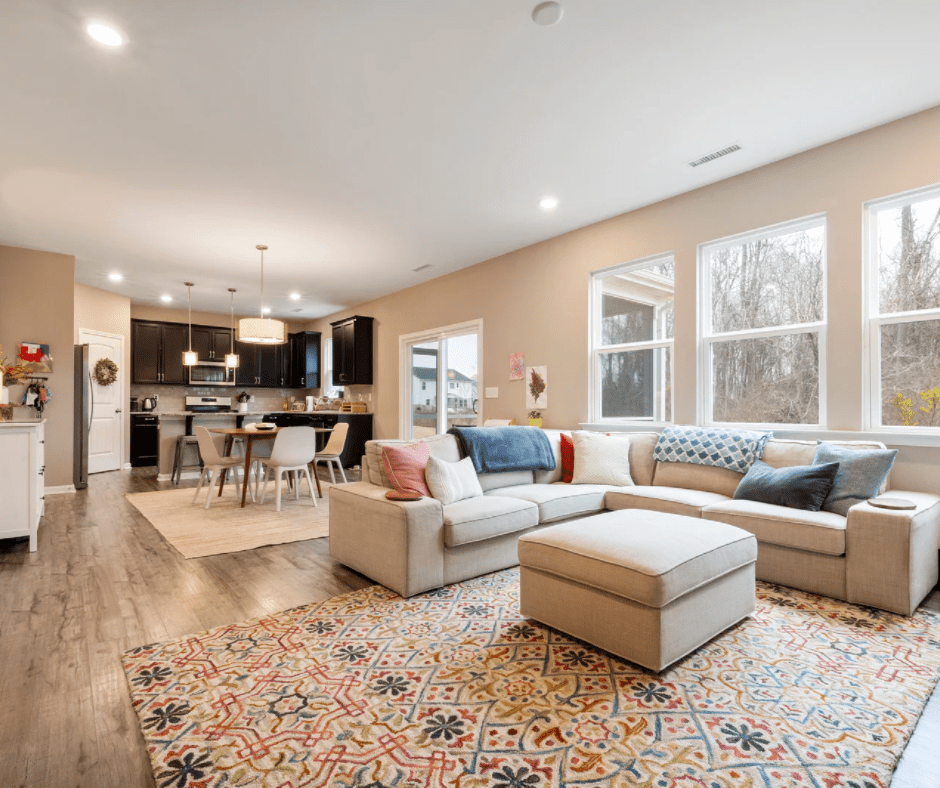 Mixed rugs in an open floor plan