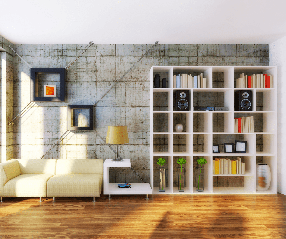 Living room with a tall bookshelf