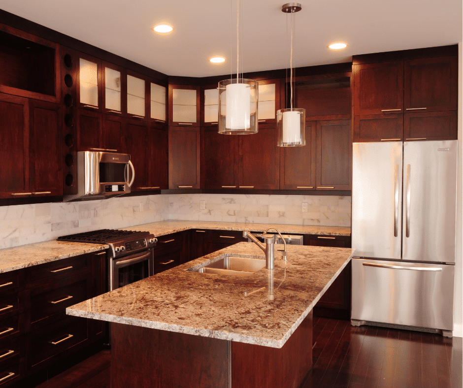 Pink granite countertop in a modern kitchen