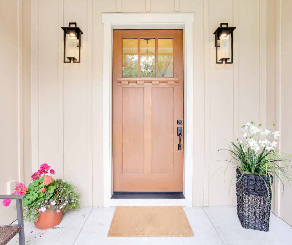 Front door of a beige-colored house