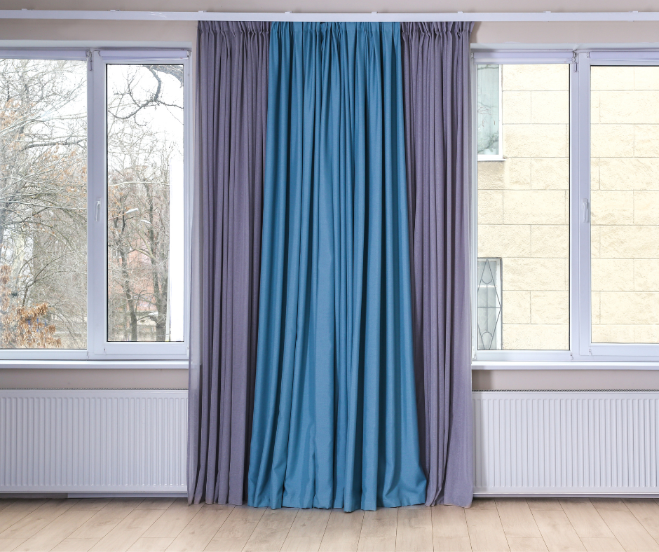 Big windows with colorful curtains