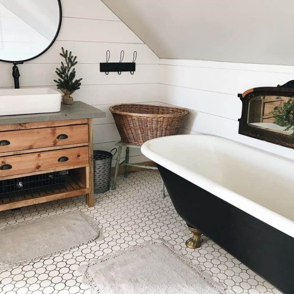 country bathroom with concrete countertop