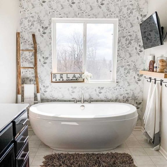 country bathroom with floral wall paper