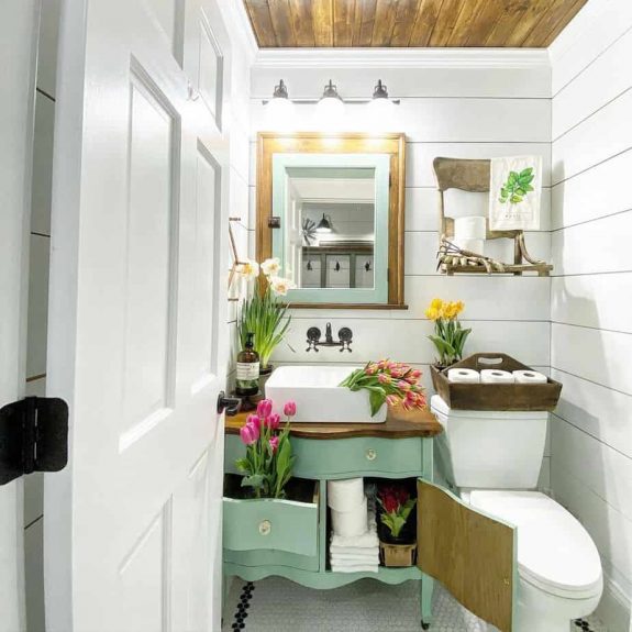 country bathroom with shiplap wall and teal vanity