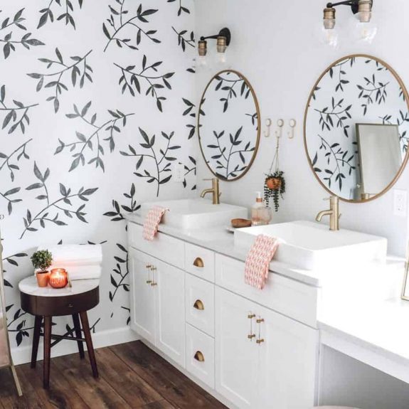 modern country bathroom with floral wall paper