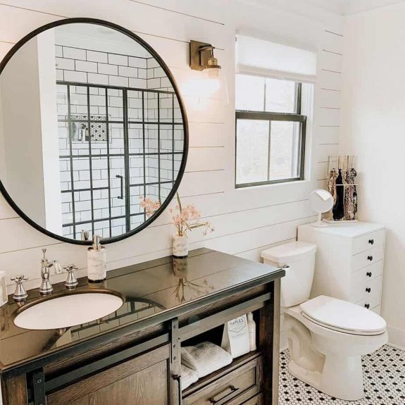 modern country bathroom with shiplap wall