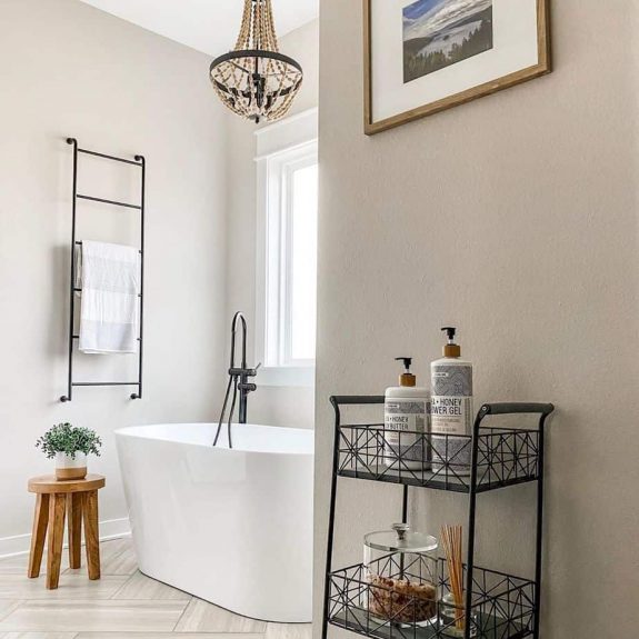 simple country bathroom with chandelier